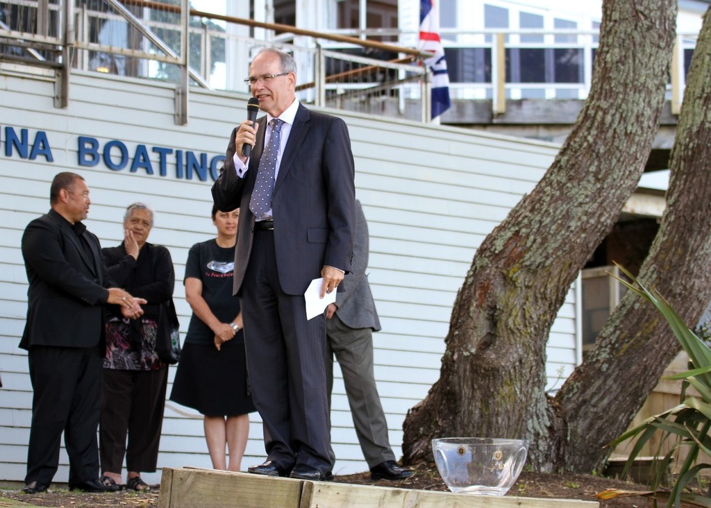 Mayor Brown addresses the competitors, officials and supporters - Opening Ceremony - 2012 470 Youth Worlds © Richard Gladwell www.photosport.co.nz